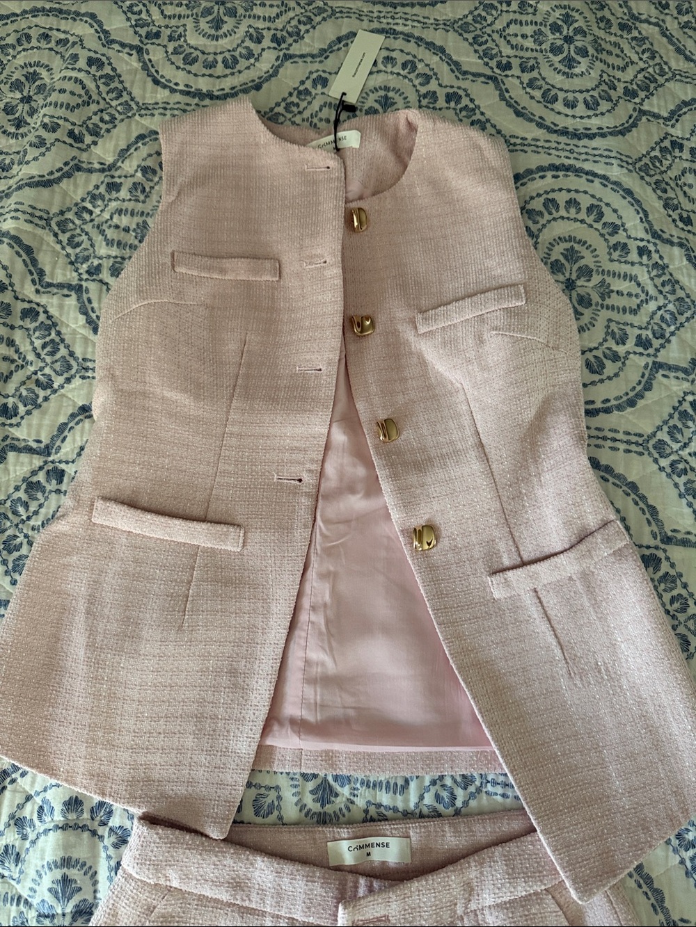 C/MEO Collective Pale Pink Tweed Sleeveless Coat Vest and shorts